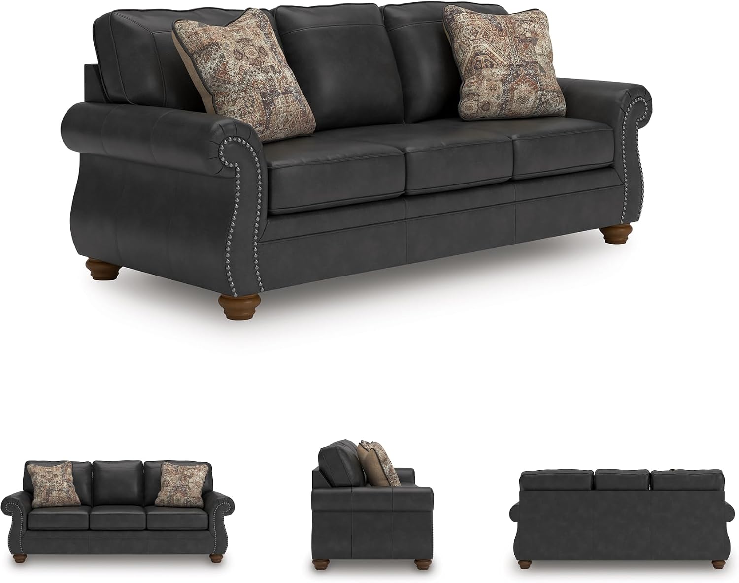 Signature Design by Ashley Chatterton Rustic Faux Leather Queen Sofa Sleeper with Bi-Fold Memory Foam Mattress, Nailhead Trim and 2 Throw Pillows, Queen, Black
