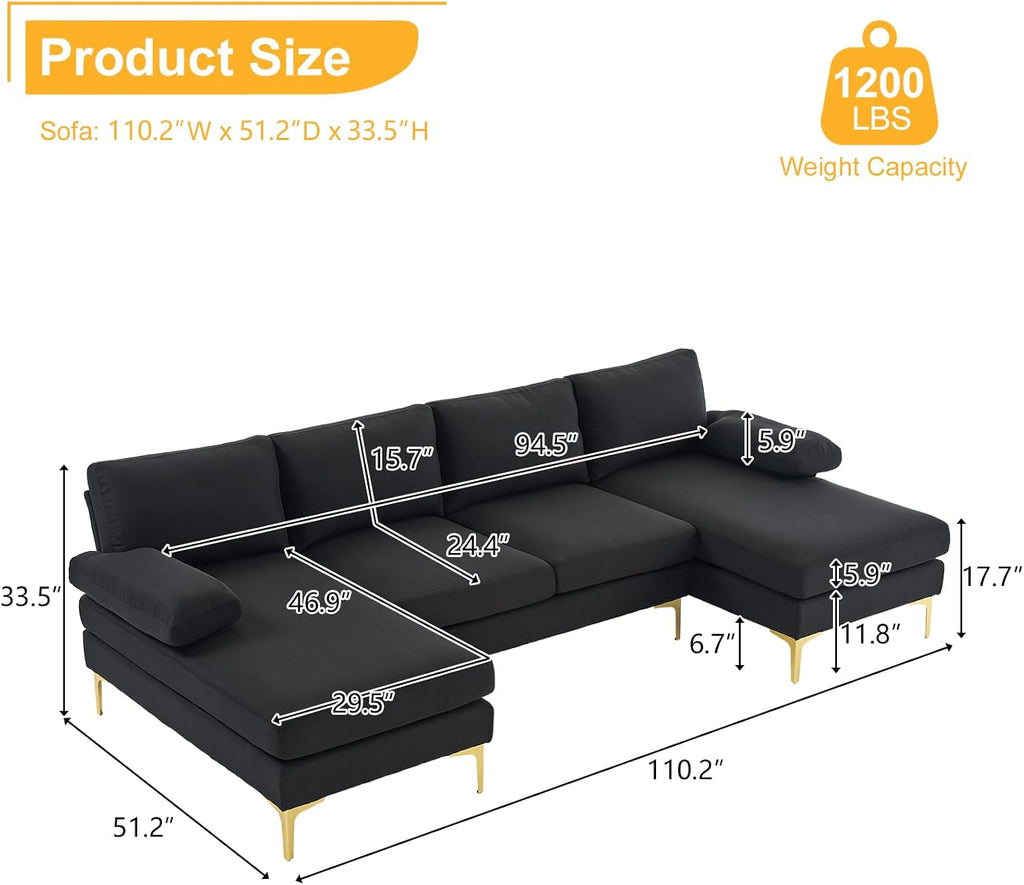 Karl home Convertible Sectional Sofa 110' U-Shape Sofa Couch 4-Seat Couch with Chaise Fabric Upholstered for Living Room, Apartment, Office, Black
