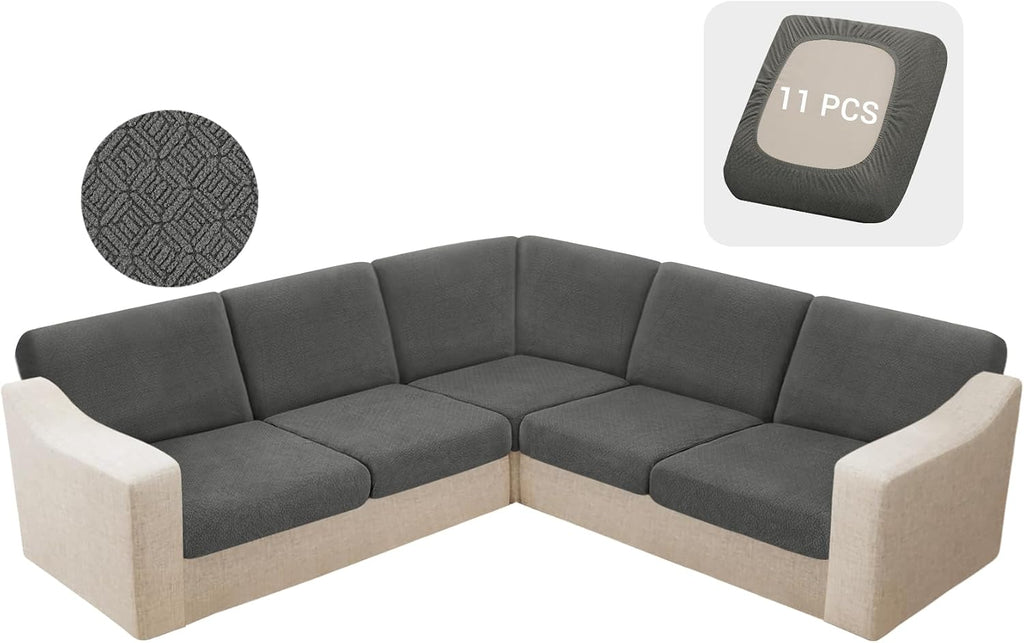 HDCAXKJ Waterproof Sectional Couch Cushion Covers 11 Pieces Stretch Jacquard L Shaped Corner Sofa Slipcover Back Cover Soft Sofa Seat Cushion Covers for Dog Pet (S-5 Seater and 6 Backrest, Dark Gray)