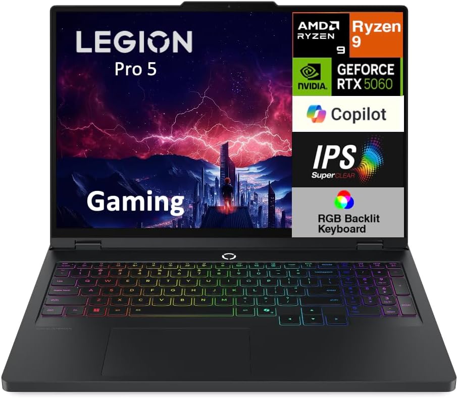 Lenovo Legion Pro 5 AI-Powered Copilot+ Gaming Laptop 16.0' 240 Hz IPS WQXGA (2560x1600) (AMD Ryzen 9 8945HX, GeForce RTX 5060 8GB, 64GB DDR5, 1TB SSD, 24-Zone RGB KB, Win11H) w/DKZ USB Port Expander
