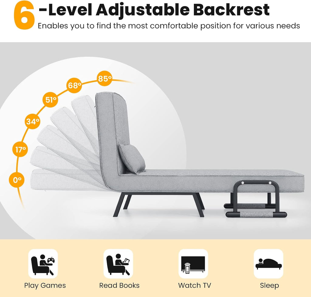 Giantex Convertible Sofa Bed, 4-in-1 Sleeper Chair with Pillow, Modern Recliner Guest Bed with 6 Positions Adjustable Backrest, Metal Legs, Linen Fabric Armchairs for Nursery Living Room Office (Gray)
