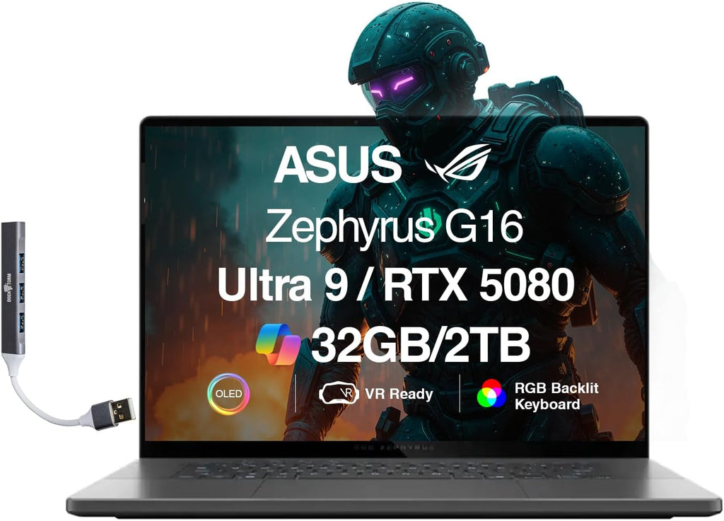 ASUS ROG Zephyrus G16 AI Gaming Laptop 16.0' ROG Nebula OLED FHD+ Display (Intel Ultra 9-285H, GeForce RTX 5080 16GB, 32GB LPDDR5X, 2TB SSD, RGB KB, Wi-Fi 7, BT 5.4, Win11Pro) w/DKZ USB Port Expander