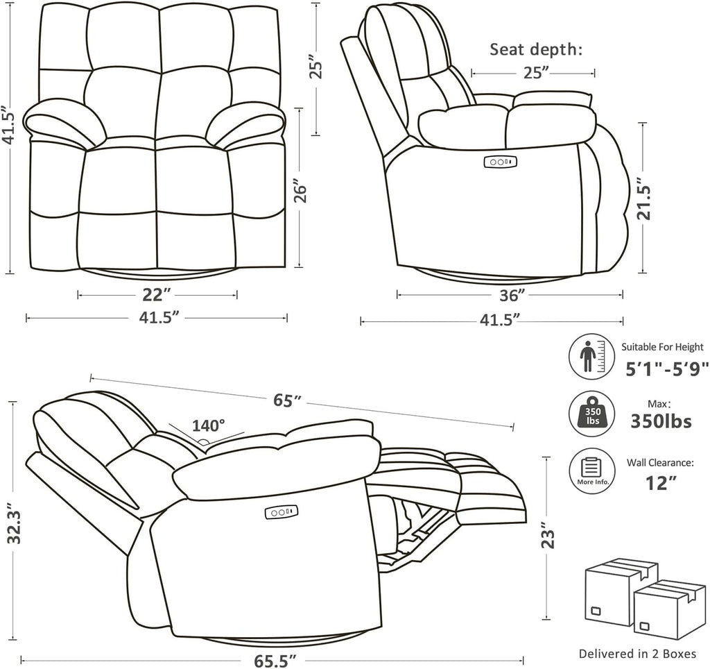 Oversized Recliner Chair, Overstuffed Swivel Rocker with Extra Wide Seat & Breathable Fabric for Living Room (Power, Blue)