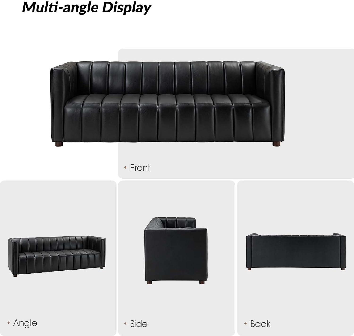 HULALA HOME 83' Genuine Leather Sofa with Channel Tufted Design, 3-Seater Sofa for Living Room Bedroom, Modern Oversized Couch with Wood Legs, Black