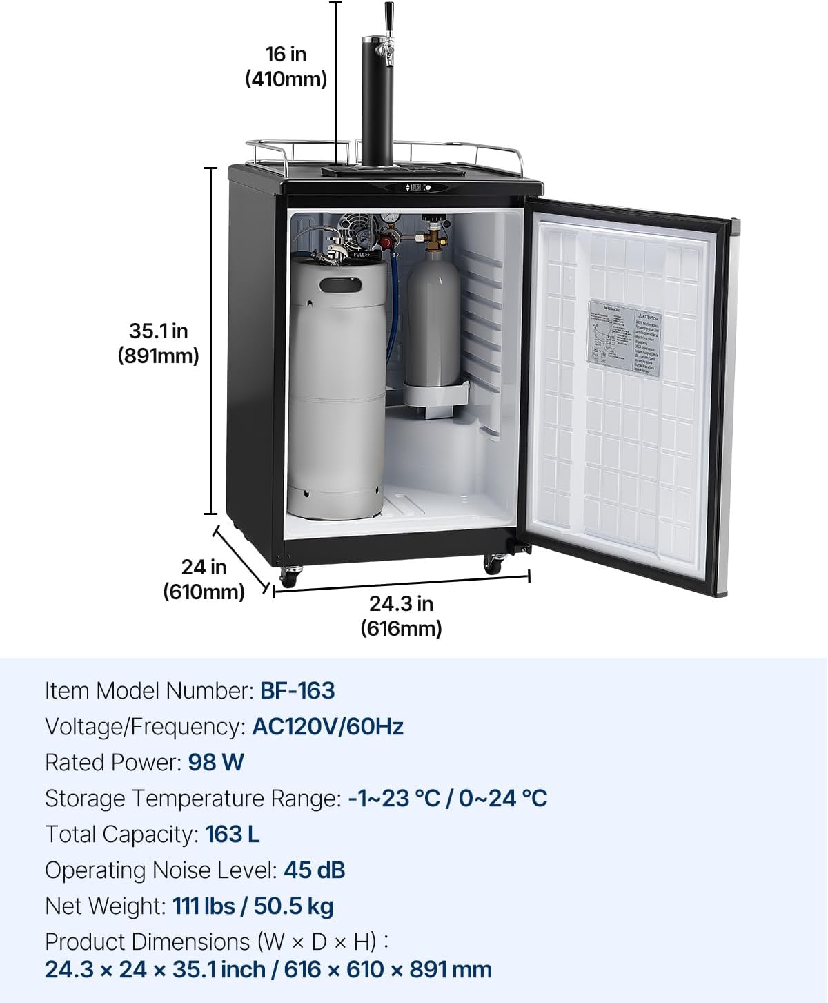 VEVOR Beer Kegerator, Single Tap Commercial Draft Beer Dispenser for D system, Full Size Keg Refrigerator with 5lbs CO2 Tank, Hold 2 Sixth / 3 Ball lock keg, Silver