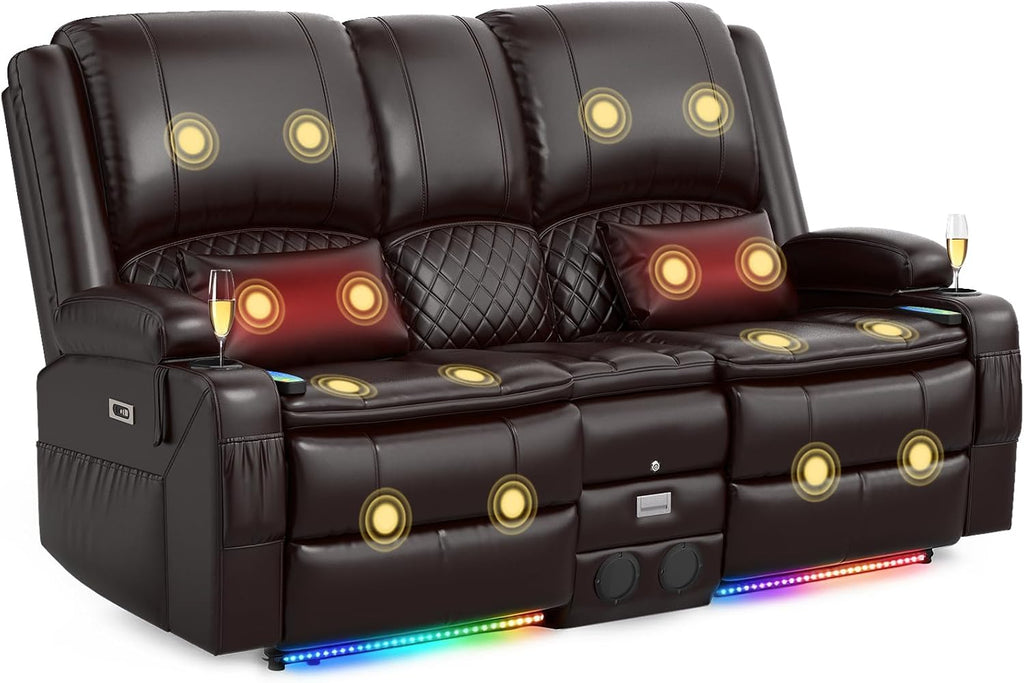 Power Recliner Loveseat Recliner with Massage and Lumbar Heating, Home Theater Reclining Loveseat with Flip Console, RV Couch Wall Hugger with 2 Speakers, Storage, USB, Outlet & LED (PU, Brown)