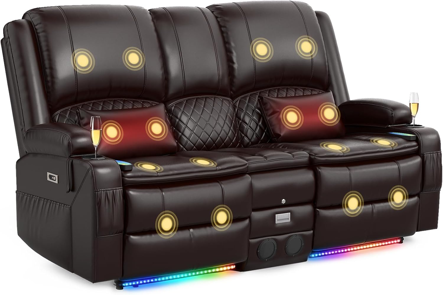 Power Recliner Loveseat Recliner with Massage and Lumbar Heating, Home Theater Reclining Loveseat with Flip Console, RV Couch Wall Hugger with 2 Speakers, Storage, USB, Outlet & LED (PU, Brown)