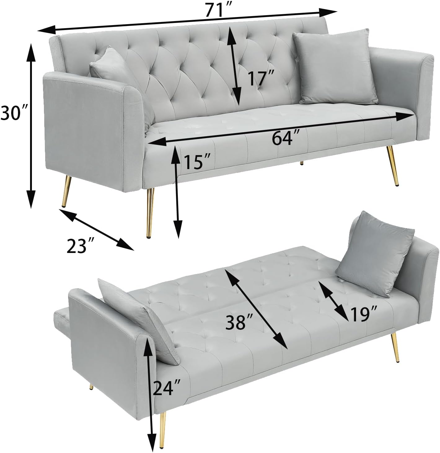 71' Modern Velvet Sofa Bed Futon, Convertible Sleeper Couch with Adjustable Backrest, Tufted Recliner Loveseat with Golden Chrome Legs & 2 Pillows for Small Spaces, Living Room, Apartment (Gray)