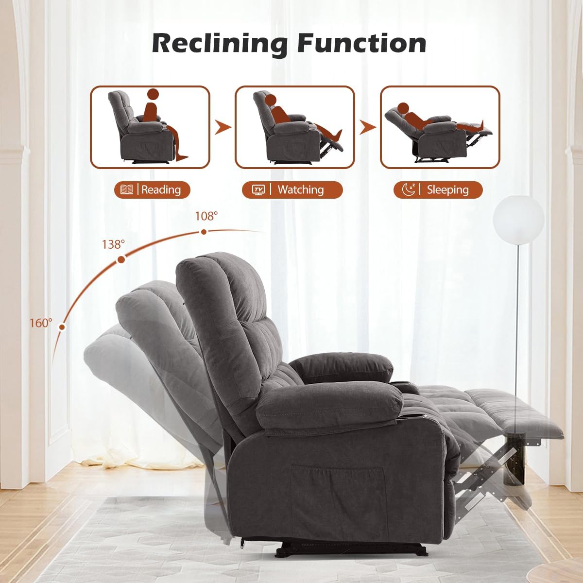 MAHOMICO Recliner Sofa with Cup Holders for Living Room 3 Seat Manual Oversized Recliner Chiar with Ergonomic, Side Pocket for Adult