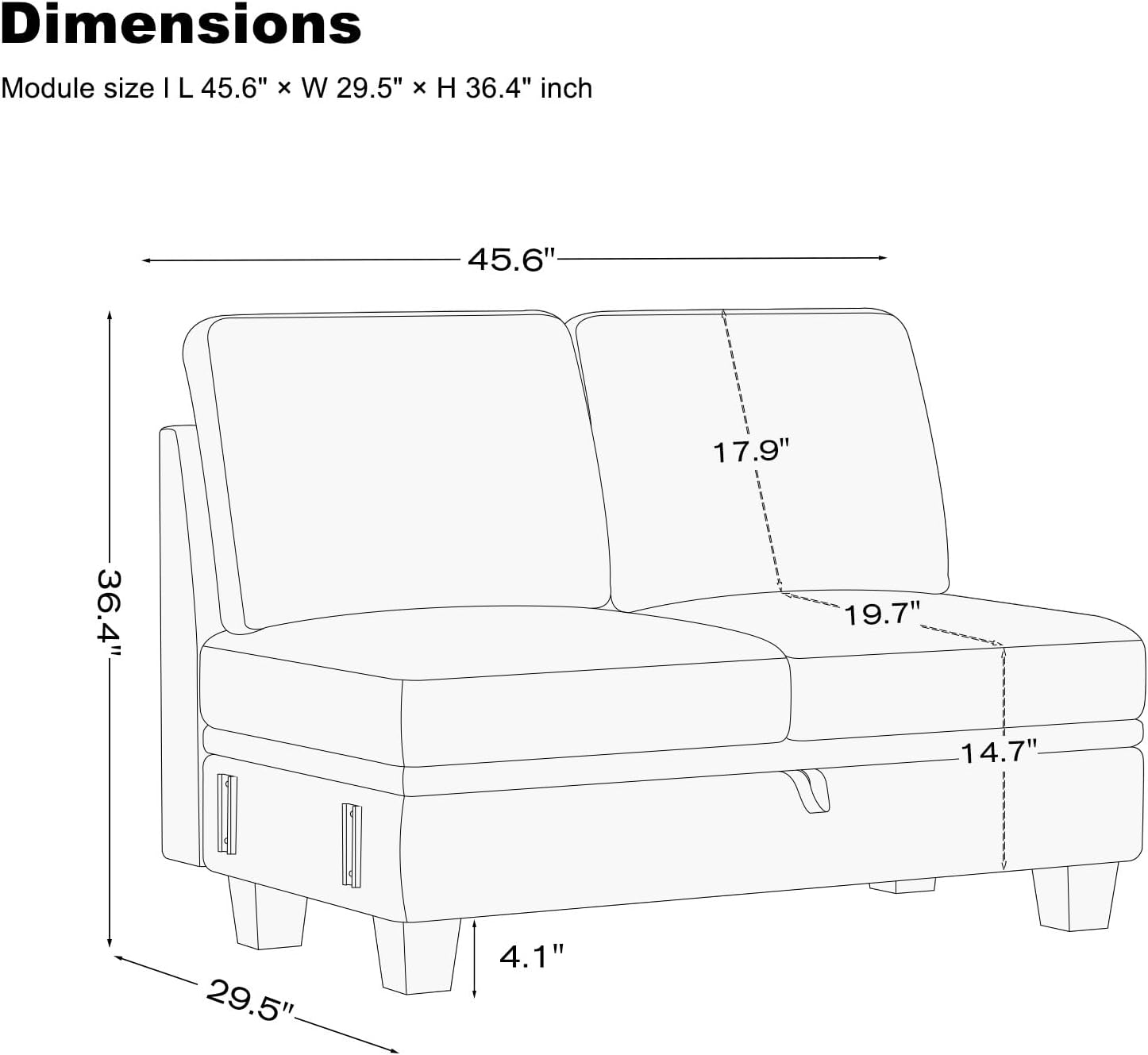 Belffin 45.6' Chenille Loveseat Module for Sectional Couch, 2-Seater Modular with Storage for Modular Sectional Sofa. Light Grey.