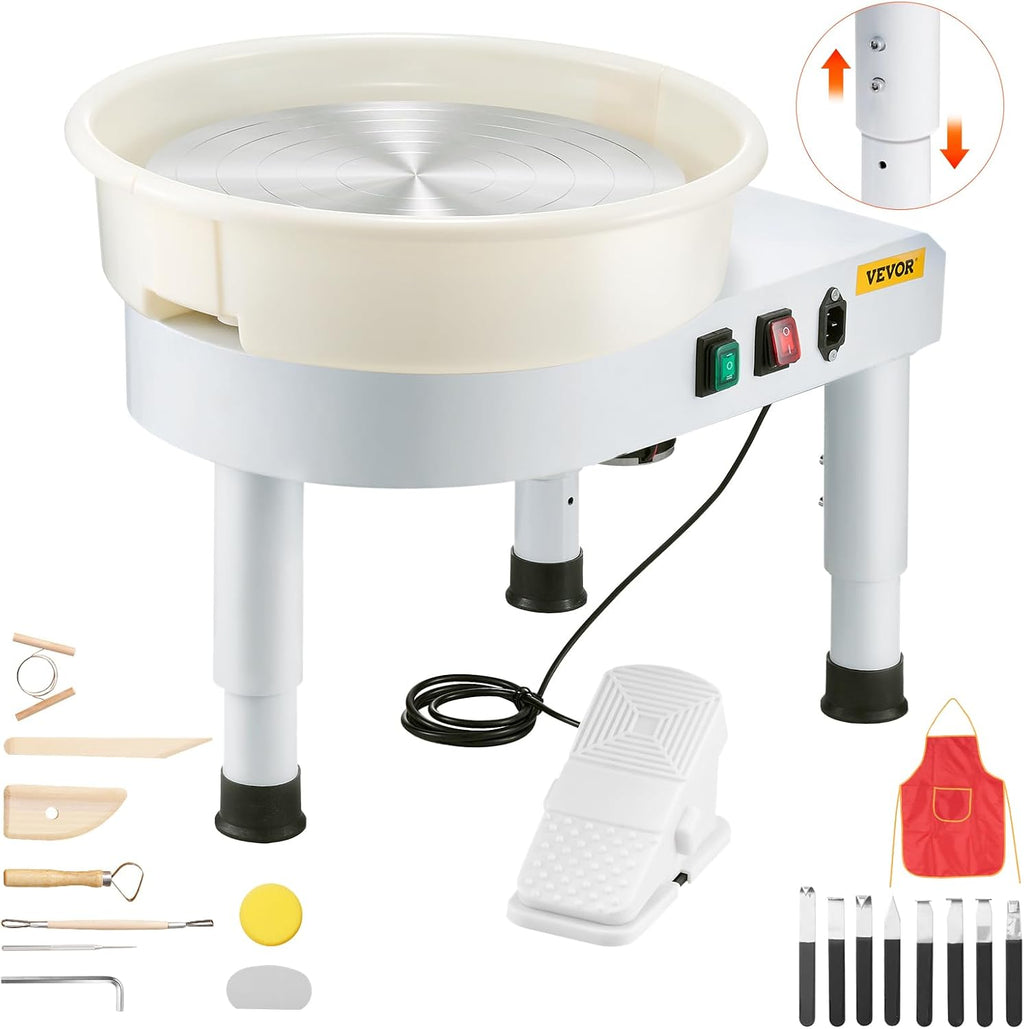 VEVOR 14in/35cm Pottery Wheel for Adults, 0-6in Lift-Table 450W Professional Pottery Kit with Foot Pedal Detachable Basin DIY Art Clay Potter's Wheel for Kids Adults Beginners at Home Pottery, White