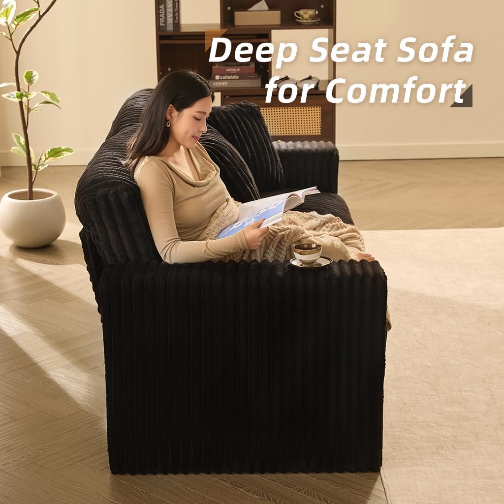 Cloud Couch Queen Sofa 80' 2-Seater Sofa(Not Boneless), Set of Modern Corduroy Loveseat with Deep Seats, High Backrest & Pocket Spring Cushions, Comfy Upholstered Couch for Living Room, Black