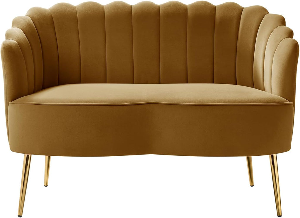 HULALA HOME Modern Velvet Loveseat Sofa with Flower Shaped Back, Comfy Upholstered 2-Seater Sofa with Gold Metal Legs, Small Love Seat Accent Couch for Living Bedroom Leisure Areas, Golden