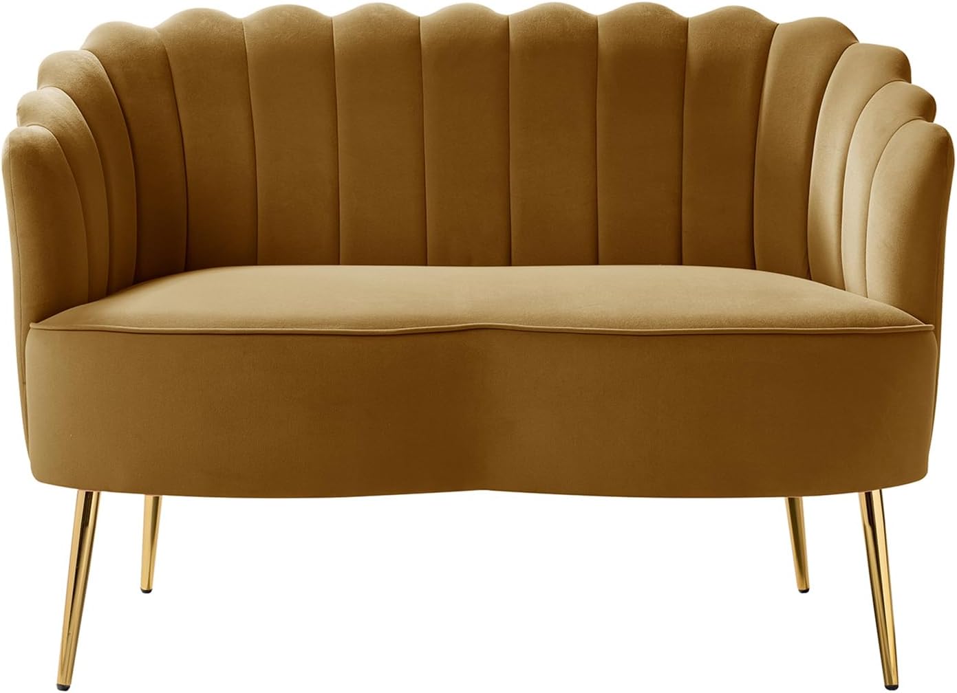 HULALA HOME Modern Velvet Loveseat Sofa with Flower Shaped Back, Comfy Upholstered 2-Seater Sofa with Gold Metal Legs, Small Love Seat Accent Couch for Living Bedroom Leisure Areas, Golden