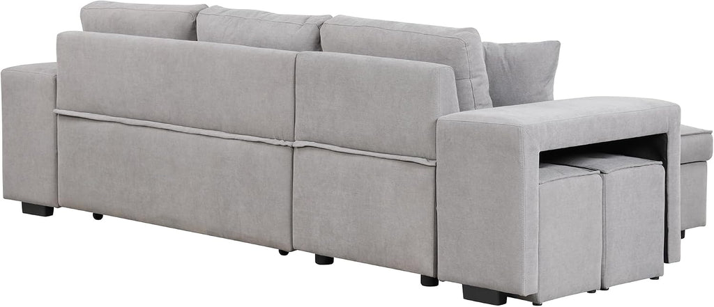 104.5 inch Reversible Sleeper Sectional Sofa with Pull Out Bed , Convertible L Shaped Sectional Couch with Storage Chaise and 2 Stools , Tufted Upholstered Pullout Sofa Bed for Living Room Apartment