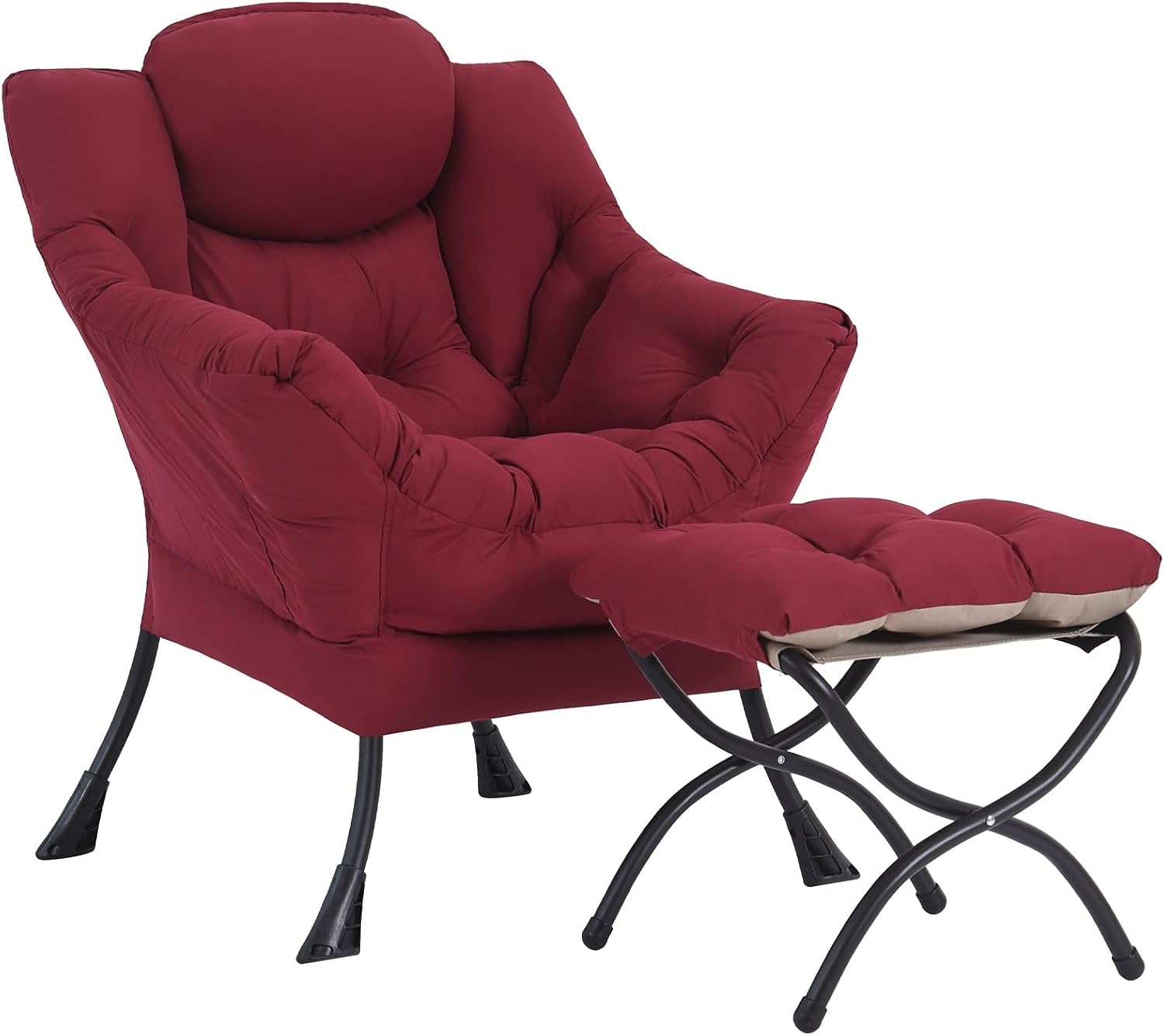 Furlide Lazy Chair with Ottoman, Modern Accent Chairs with Folding Footrest, Burgundy Sofa Chair Set, Comfortable Reading Chairs, Oversized Armchairs for Bedroom, Study, Living Room, Courtyard
