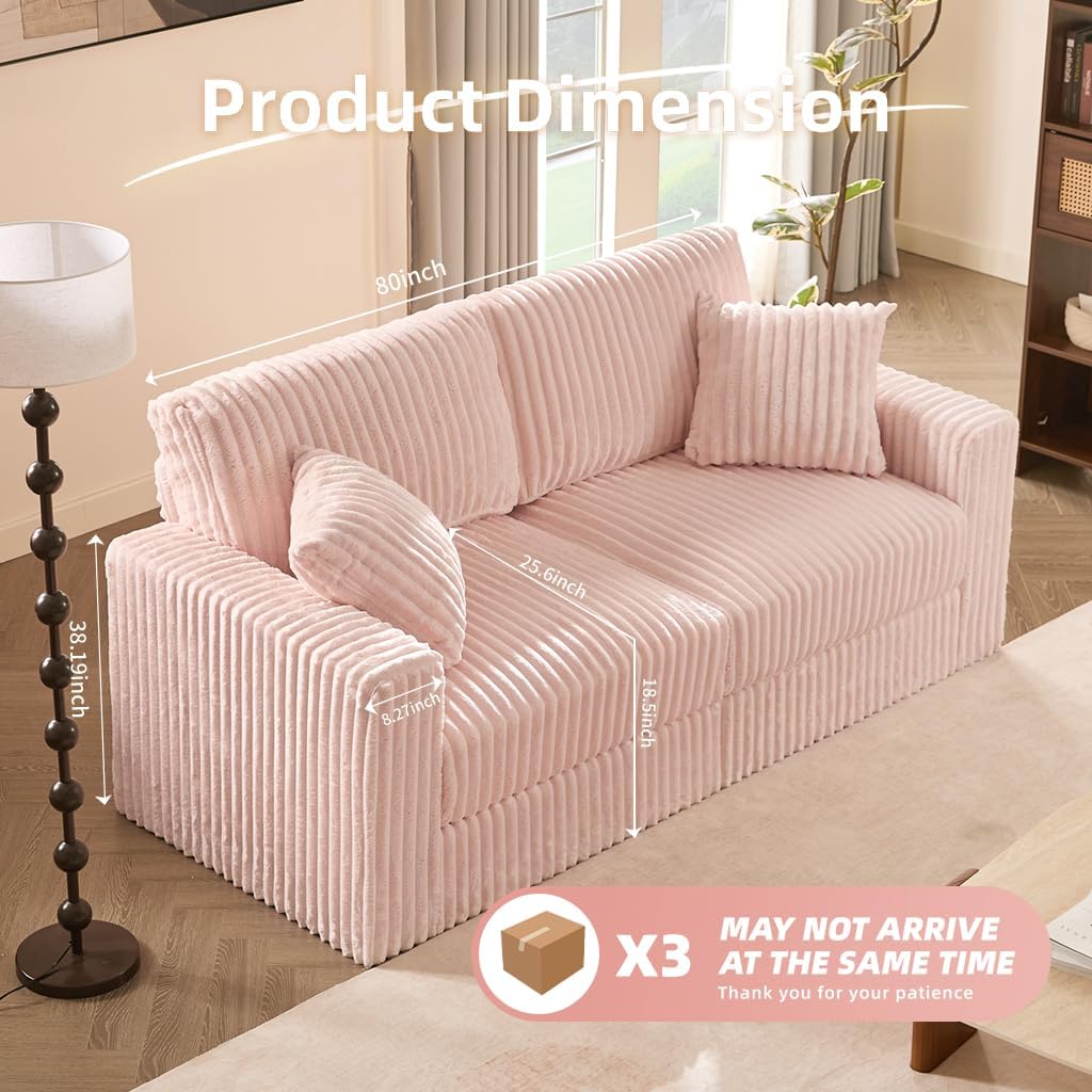 Cloud Couch Queen Sofa 80' 2-Seater Sofa(Not Boneless), Set of Modern Corduroy Loveseat with Deep Seats, High Backrest & Pocket Spring Cushions, Comfy Upholstered Couch for Living Room, Pink
