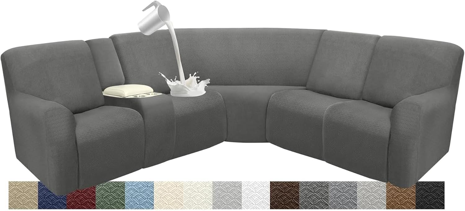 Waterproof Sectional Recliner Couch Covers for Reclining Couches Washable L Shaped Sofa Cover for Dogs Sectional Stretch Corner Recliner Slipcovers (5 Seater 1 Console Cover, Charcoal Gray)