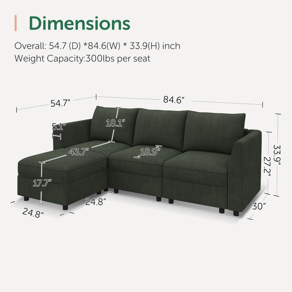 HONBAY Modular Sectional Sofa with Storage L Shaped Sectional Sofa, Convertible Couches for Living Room - Green