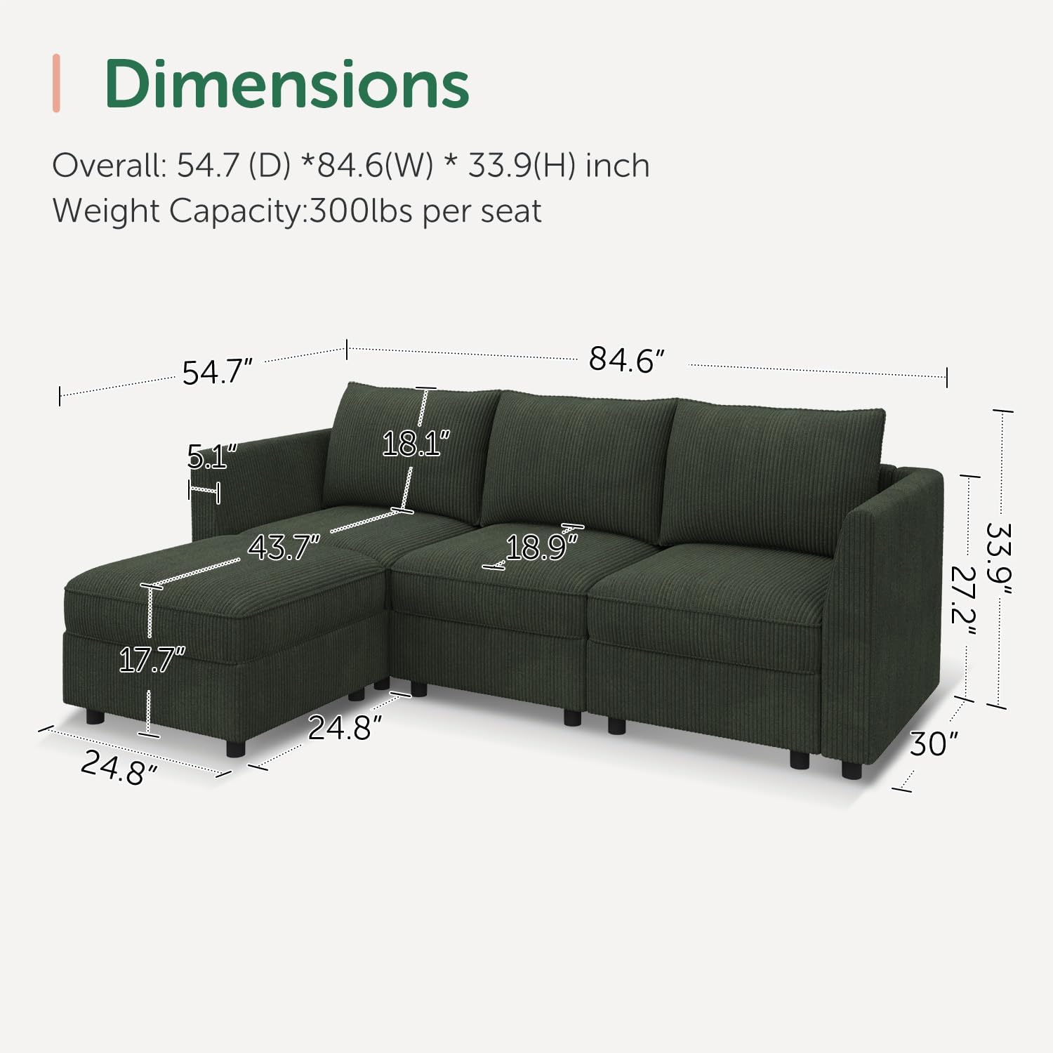 HONBAY Modular Sectional Sofa with Storage L Shaped Sectional Sofa, Convertible Couches for Living Room - Green