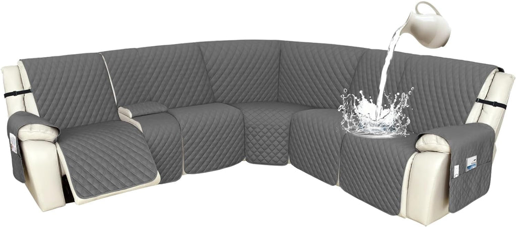 Arfntevss Recliner Sectional Couch Covers 1OO% Waterproof L Shape Sofa Cover for Reclining L Shaped Sectional Slipcover Dog Washable Corner Non Slip Protector (5 Seater with 1 Console, Deep Grey)