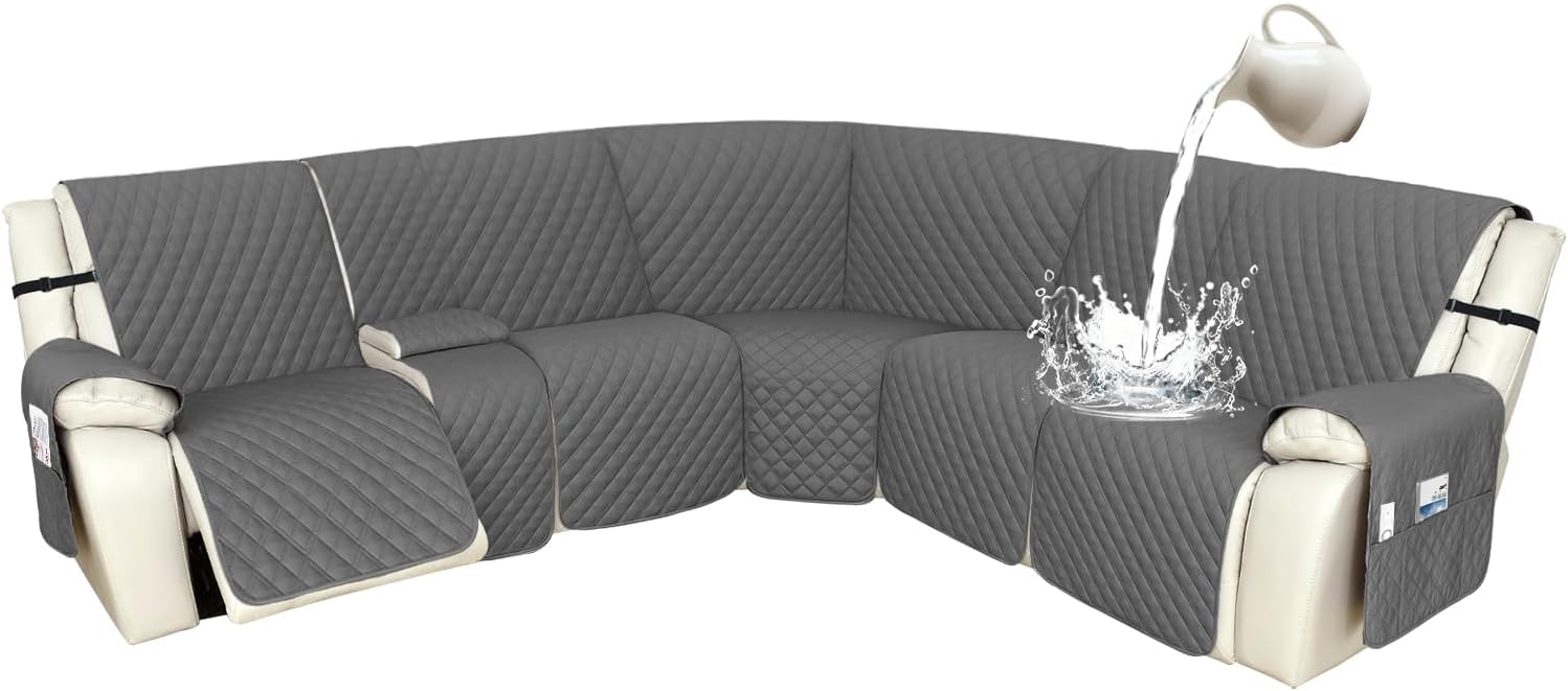 Arfntevss Recliner Sectional Couch Covers 1OO% Waterproof L Shape Sofa Cover for Reclining L Shaped Sectional Slipcover Dog Washable Corner Non Slip Protector (5 Seater with 1 Console, Deep Grey)