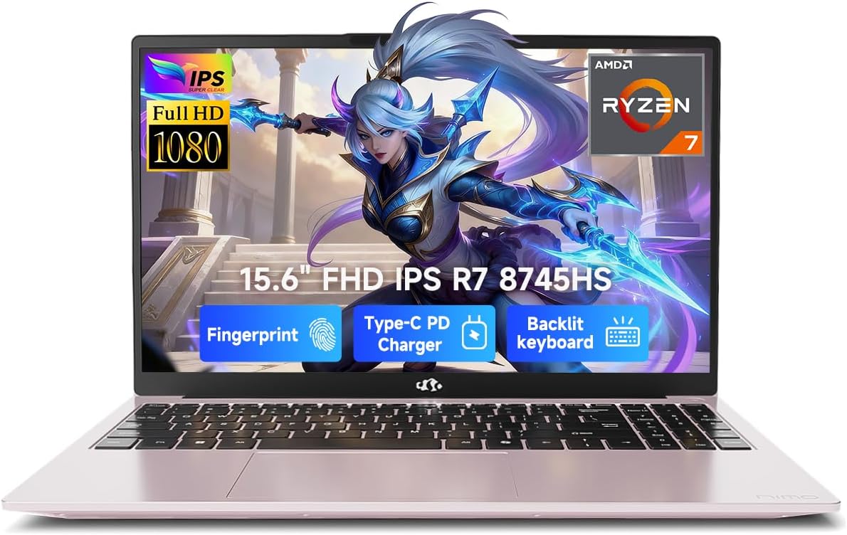 NIMO 15.6' IPS FHD-Gaming-Laptop, AMD Ryzen 7 8745HS 32GB DDR5 RAM 1TB SSD (Beat R9 6900HX, up to 4.9GHz) Radeon 780M GPU Business Computer with 100W Type-C Backlit Keyboard, Fingerprint USB-C 4.0