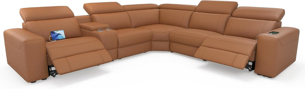 AMERLIFE Power Recliner Sectional Sofa with Storage/USB Port, Leather Recliner Sofa with Adjustable Headrest, Reclining Sectional Couches with Console and Cup Holder for Living Room (Brown, 5-Seater)