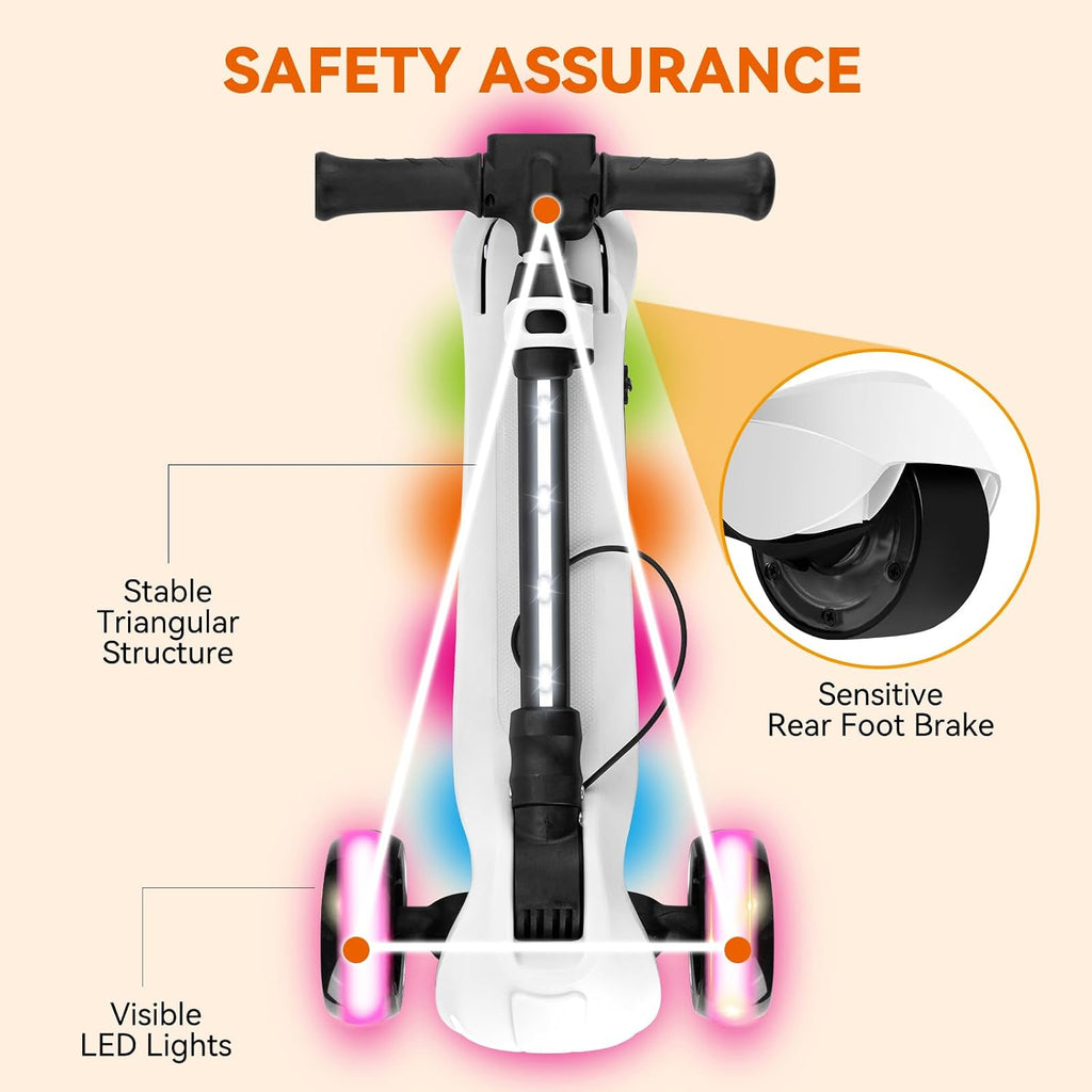 24V Electric Scooter for Kids w/150W Powerful Motor, Thumb Throttle, LCD Screen, Bluetooth, Light-Up Stem Deck & Wheels, 3 Adjustable Heights, 5MPH Safe Speed, 3 Wheel Electric Scooter for Kids