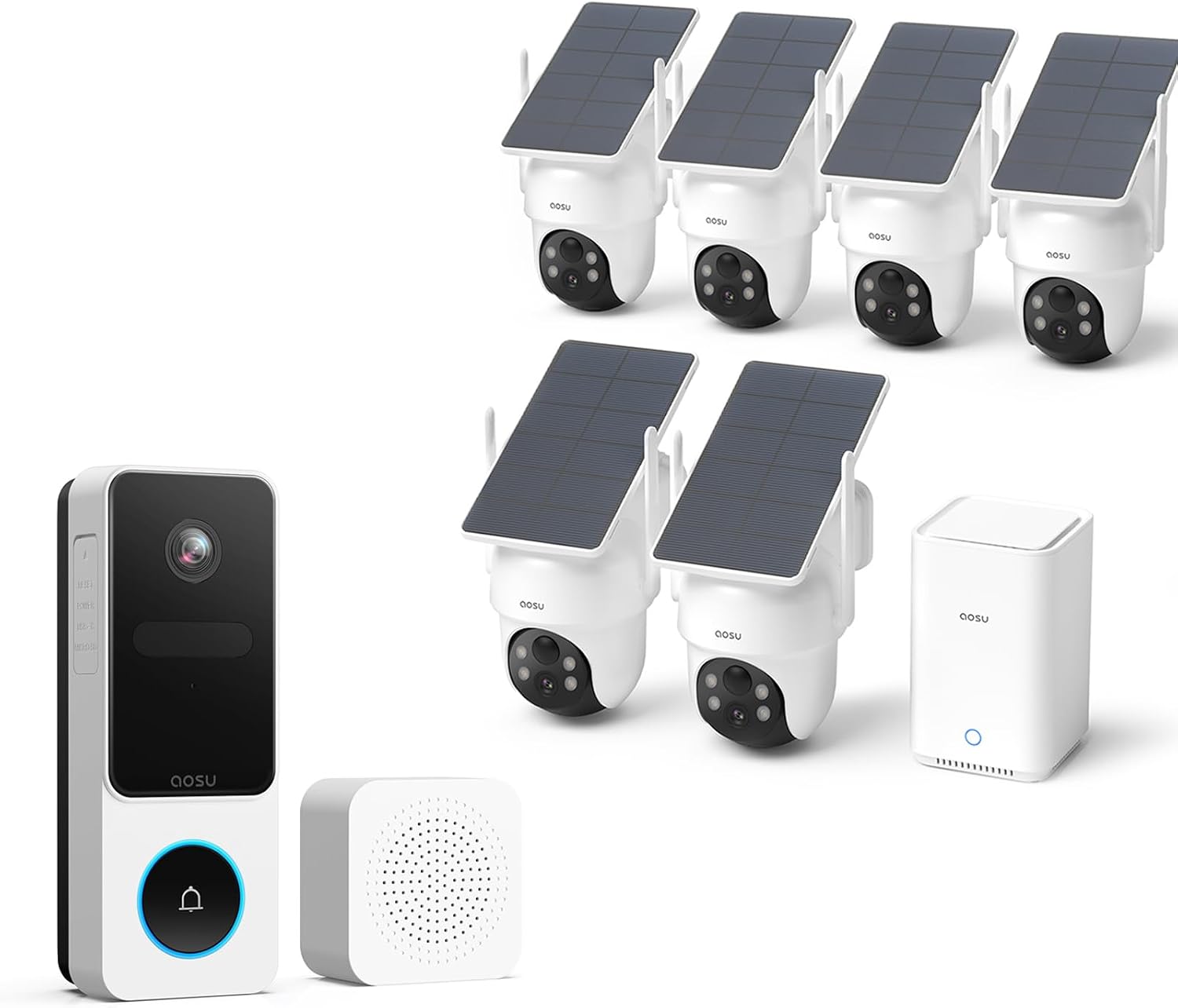 AOSU Outdoor Security Bundle – 6-Cam Wireless Solar Camera Kit with 360° Pan-Tilt + Smart Wireless Video Doorbell with Head-to-Toe View, Package Detection, No Subscription, Works with Alexa & Google A