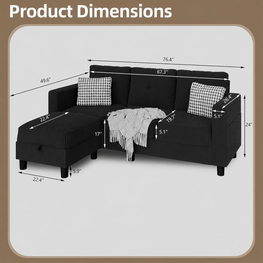 Convertible Sectional Sofa with Storage Ottoman, 77' L-Shaped 3-Seat Couch with Skin-Friendly Corduroy Fabric, Reversible Small Sectional for Small Space, Apartment, Living Room and Office(Black)