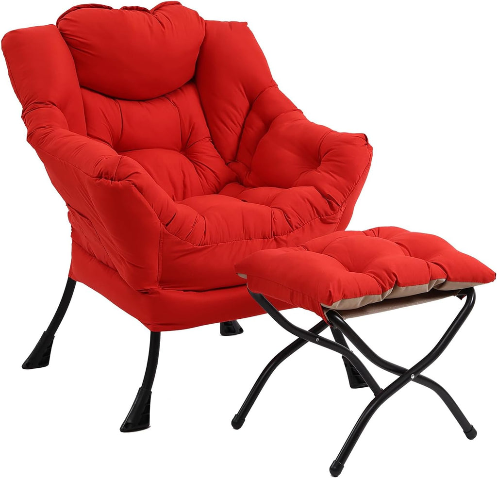 Furlide Lazy Chair with Ottoman, Modern Accent Chair with Armrests and a Side Pocket, Red Accent Chairs, Comfortable Reading Chairs, Oversized Armchairs for Bedroom, Study, Living Room, Courtyard
