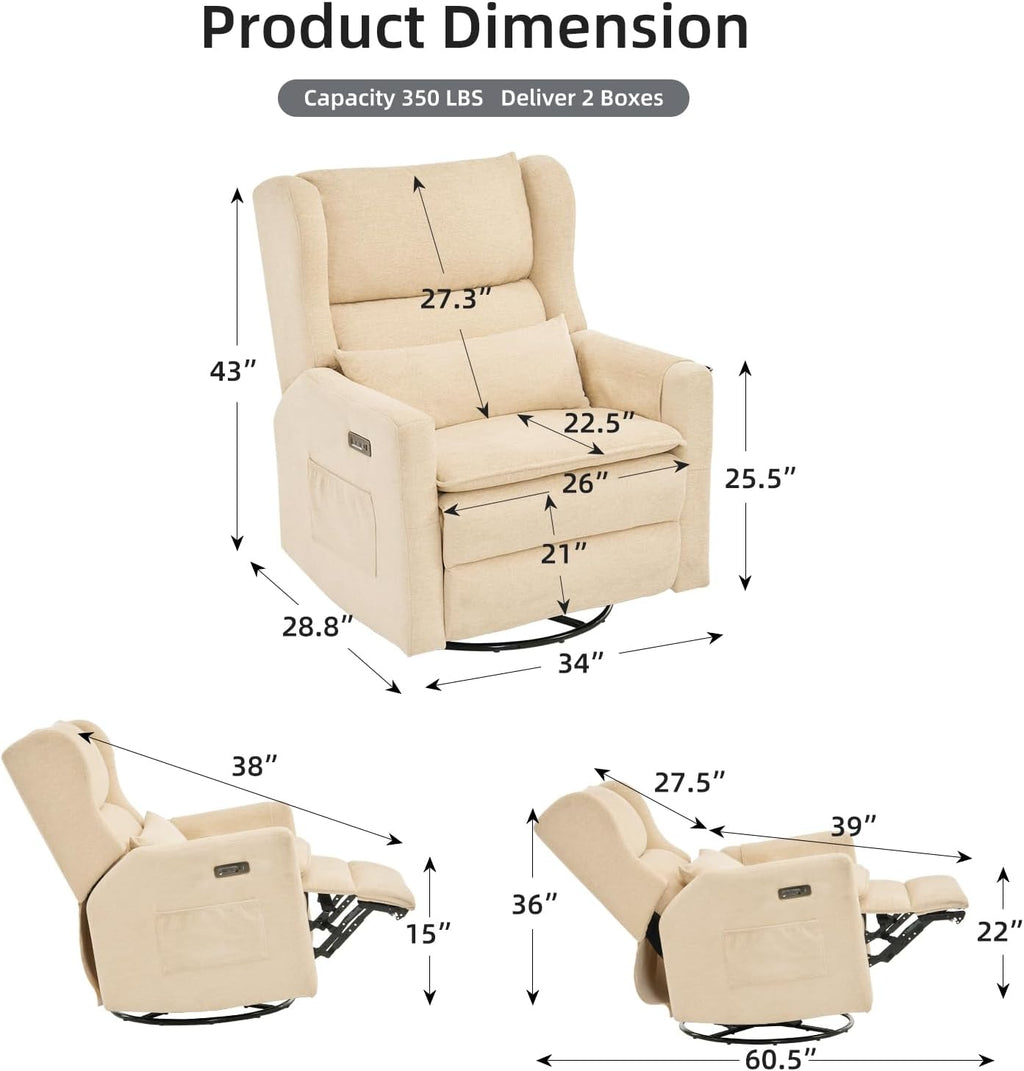 Oversized Swivel Rocker Recliner Chair, 26' Extra Wide Glider Nursery Chair with Adjustable Headrest, Chenille Power Recliner Rocking with Double Cushion, Cup Holder, Beige