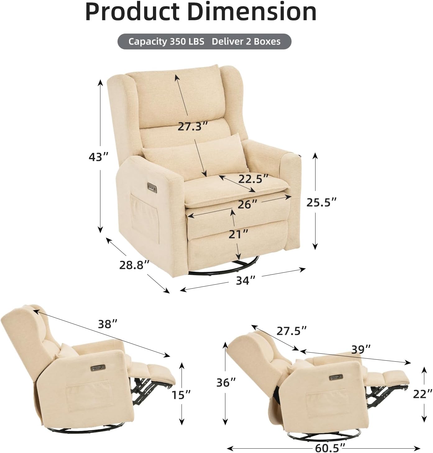 Oversized Swivel Rocker Recliner Chair, 26' Extra Wide Glider Nursery Chair with Adjustable Headrest, Chenille Power Recliner Rocking with Double Cushion, Cup Holder, Beige