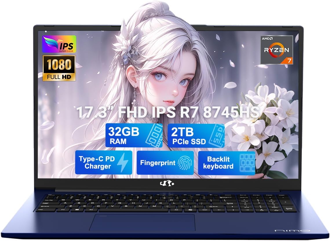 NIMO 17.3' Light-Gaming-Laptop, 8 Cores AMD Ryzen 7 8745HS 32GB DDR5 RAM 2TB SSD (Beat R9 6900HX, up to 4.9GHz) Radeon 780M Graphics IPS FHD Computer with 100W Type-C Fingerprint, Backlit Keyboard