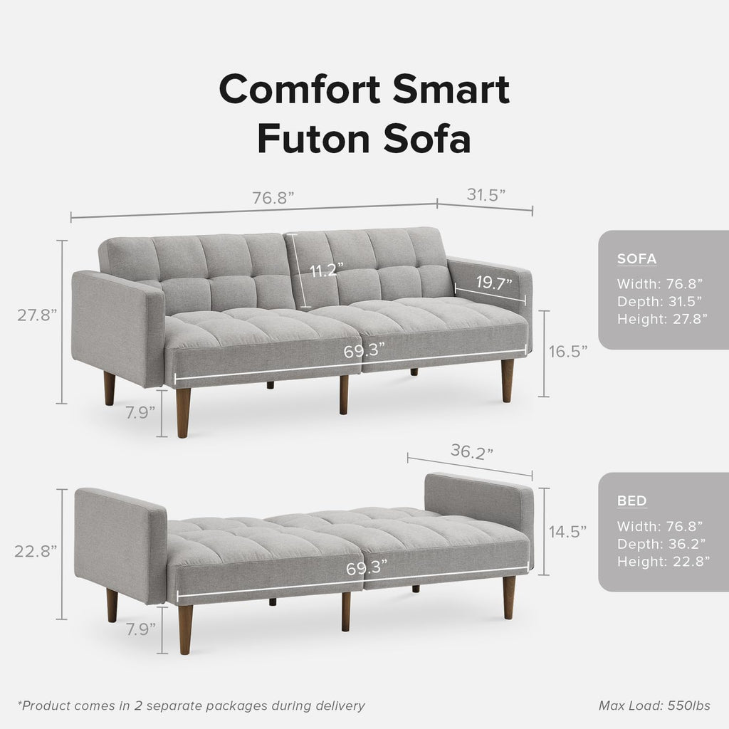 mopio Aaron 76.8' Couch, Small Futon Sofa Bed, Sleeper, Loveseat, Mid Century Modern Futon Couch, Sofa Cama, Couches for Living Room, Bedroom (Light Gray, Fabric)
