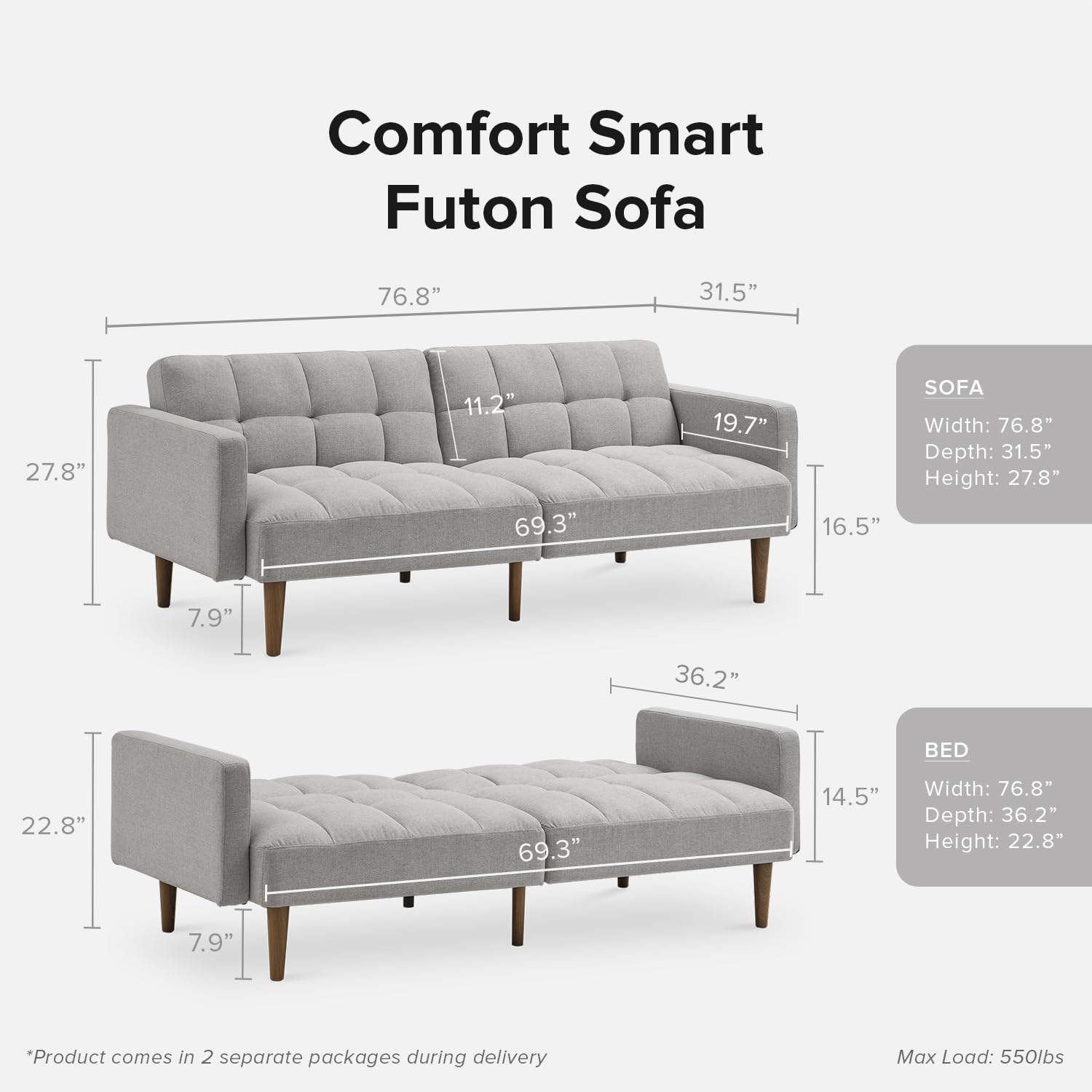 mopio Aaron 76.8' Couch, Small Futon Sofa Bed, Sleeper, Loveseat, Mid Century Modern Futon Couch, Sofa Cama, Couches for Living Room, Bedroom (Light Gray, Fabric)