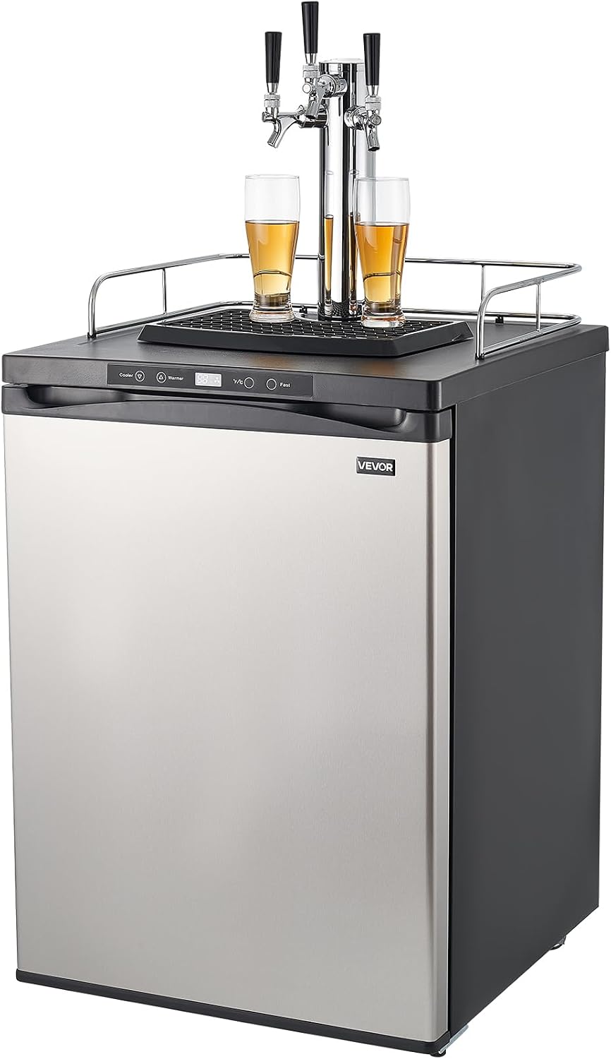 VEVOR Beer Kegerator, Triple Tap Commercial Draft Beer Dispenser for D system, Full Size Keg Refrigerator with 5lbs CO2 Tank, Hold 3 Sixth/2 Slim/3 Ball lock keg (3 taps - ball lock)