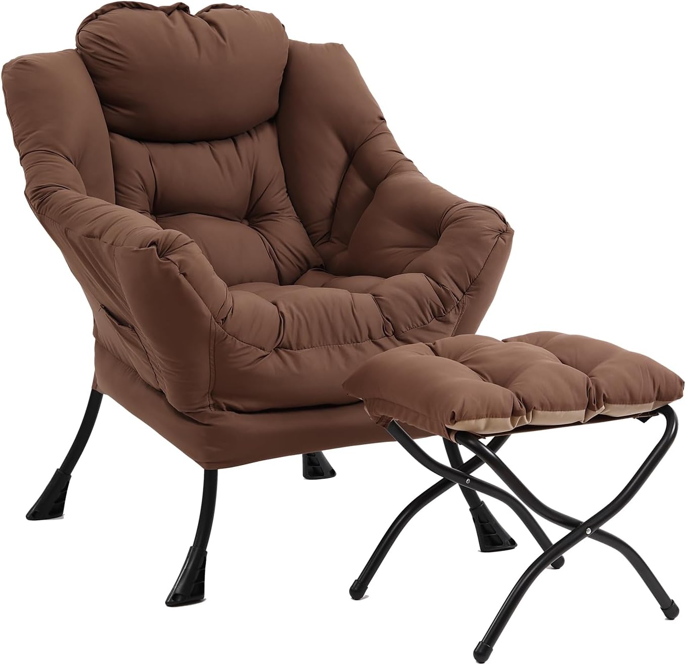 Furlide Lazy Chair with Ottoman, Modern Accent Chairs with Folding Footrest, Dark Brown Sofa Chair Set, Comfortable Reading Chairs, Oversized Armchairs for Bedroom, Study, Living Room, Courtyard