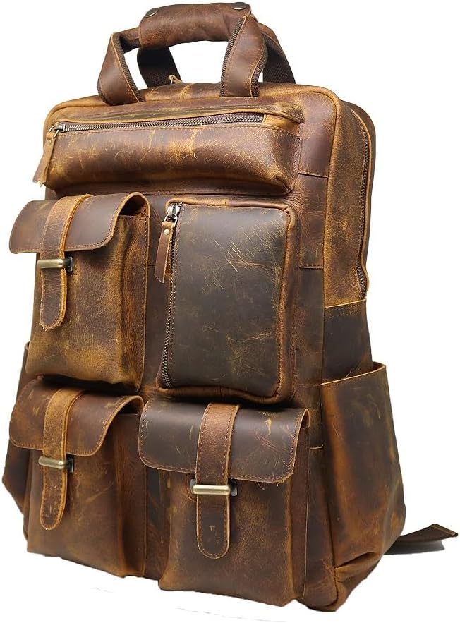 Jaald Leather Laptop Backpack Rucksack Multipocket Full Grain Leather Gaming Laptop Bag School Daypack For Men Anti-Theft Pocket Brown
