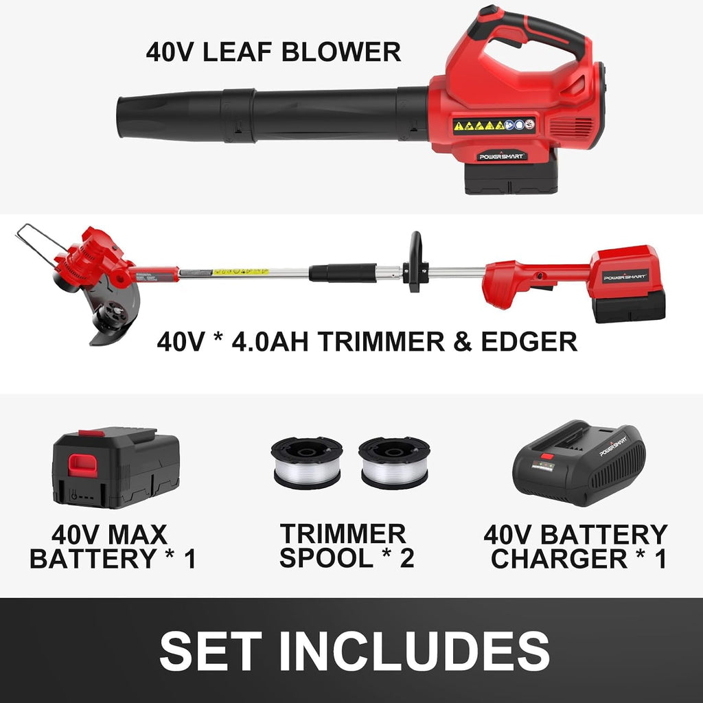 PowerSmart 40V Cordless Leaf Blower and Electric Weed Wacker Combo Kit with 13'' 2-in-1 Auto Feed Weed Eater String, 310CFM Blower for Lawn Care, with 4.0Ah Battery and Charger