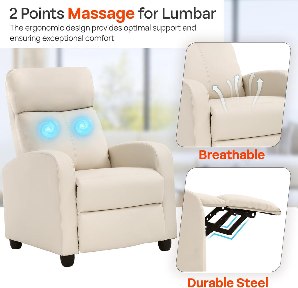 FDW Recliner Chair Massage Chair Reading Chair Reclining Sofa Home Theater Seating with Lumbar Support Massage and Padded Backrest for Living Room and Bedroom (Leather, Beige)