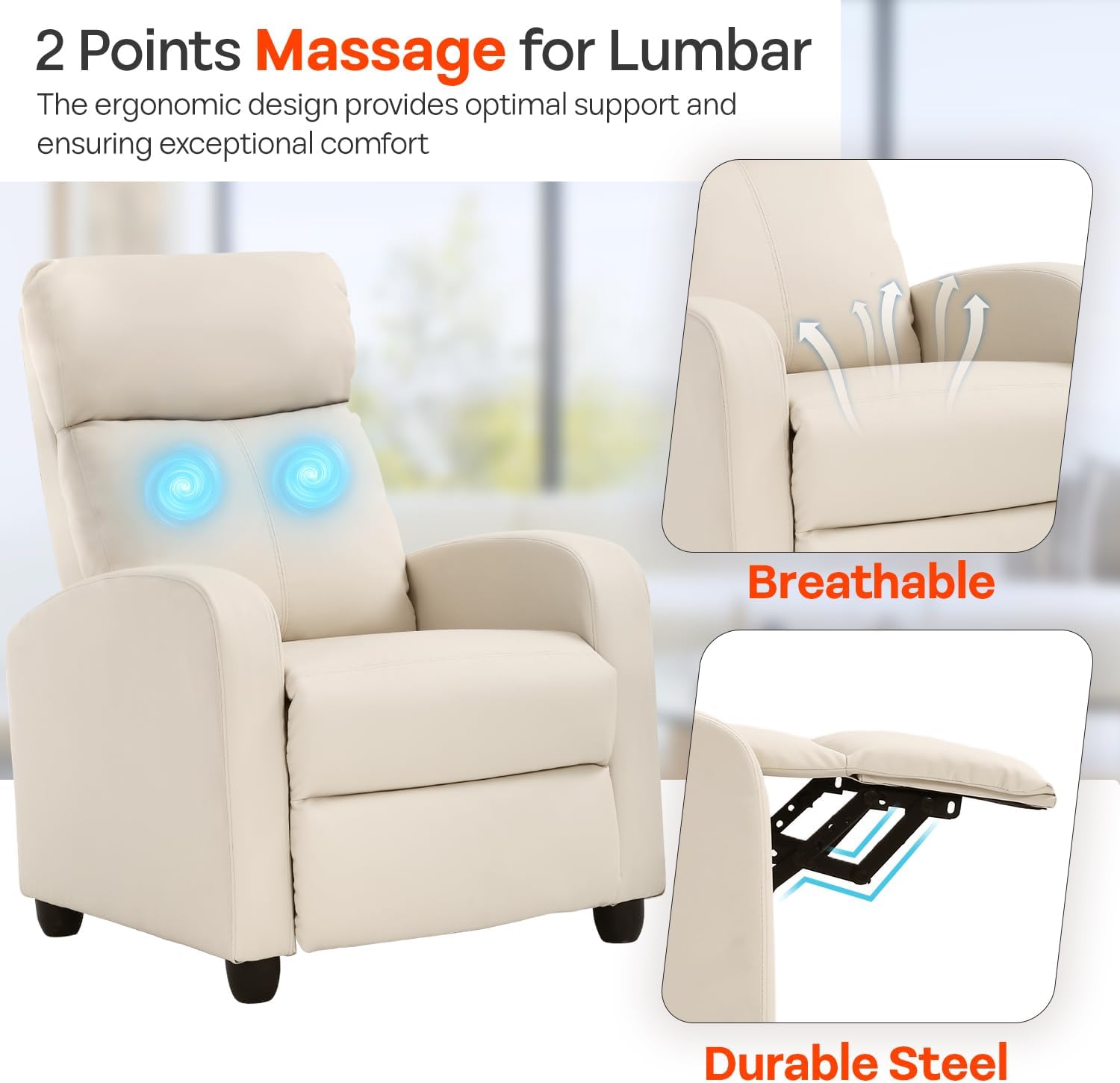 FDW Recliner Chair Massage Chair Reading Chair Reclining Sofa Home Theater Seating with Lumbar Support Massage and Padded Backrest for Living Room and Bedroom (Leather, Beige)