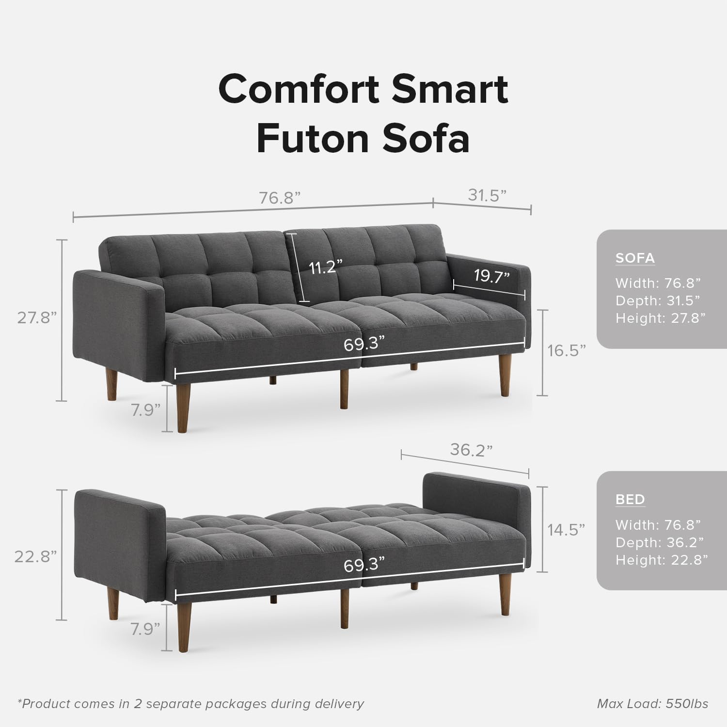 mopio Aaron 76.8' Couch, Small Futon Sofa Bed, Sleeper, Loveseat, Mid Century Modern Futon Couch, Sofa Cama, Couches for Living Room, Bedroom (Dark Grey Fabric)