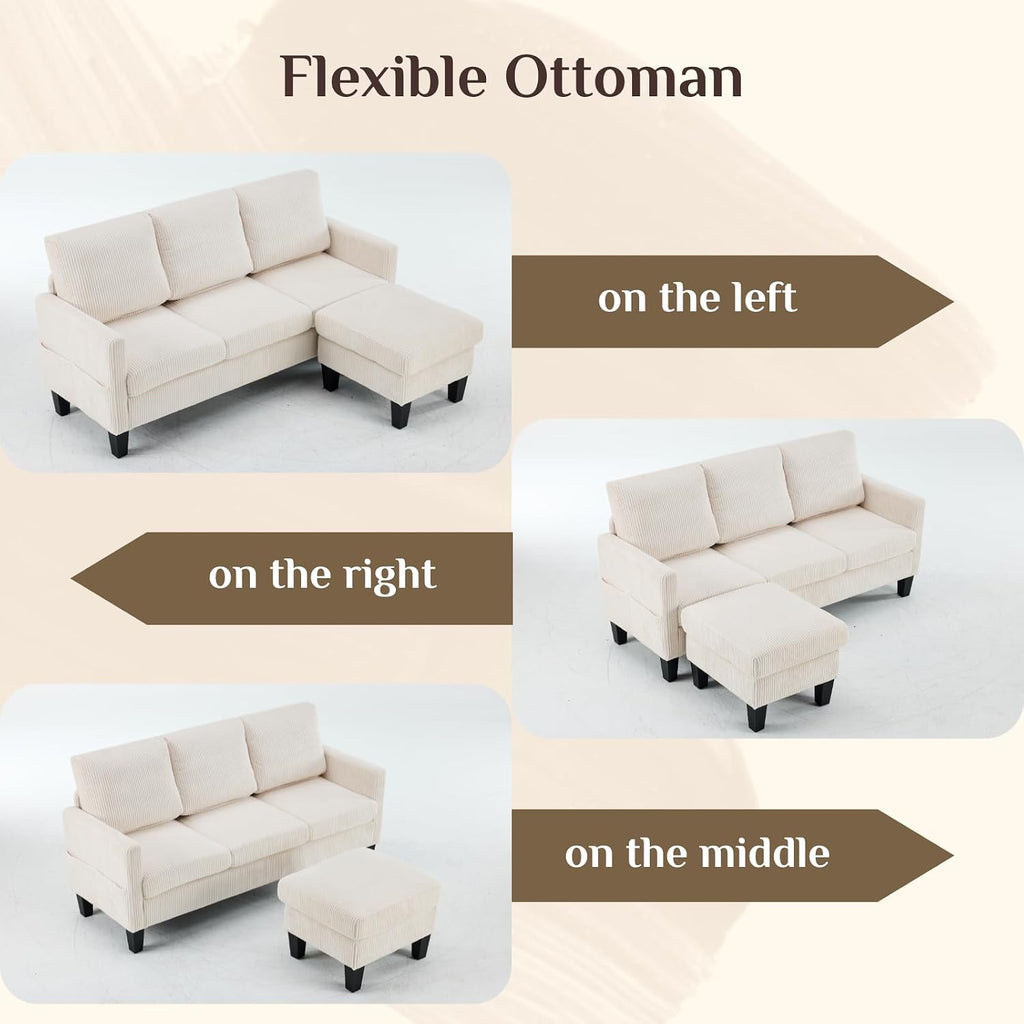 Karl home Small Sectional Couch L Shaped Sofa with Movable Storage Ottoman Corduroy Upholostered Sofa Chaise with Side Pockets for Living Room, Apartment, Studio, Beige