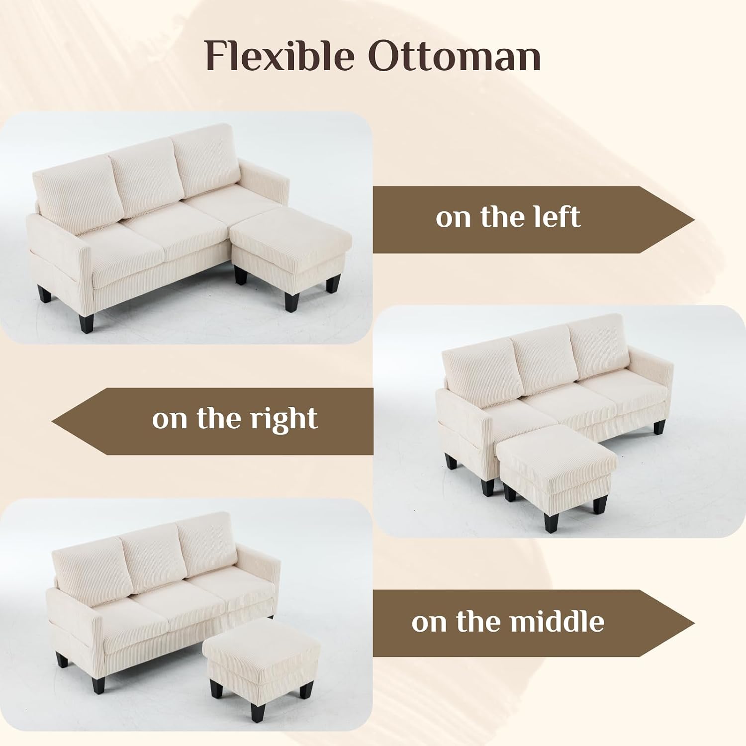 Karl home Small Sectional Couch L Shaped Sofa with Movable Storage Ottoman Corduroy Upholostered Sofa Chaise with Side Pockets for Living Room, Apartment, Studio, Beige