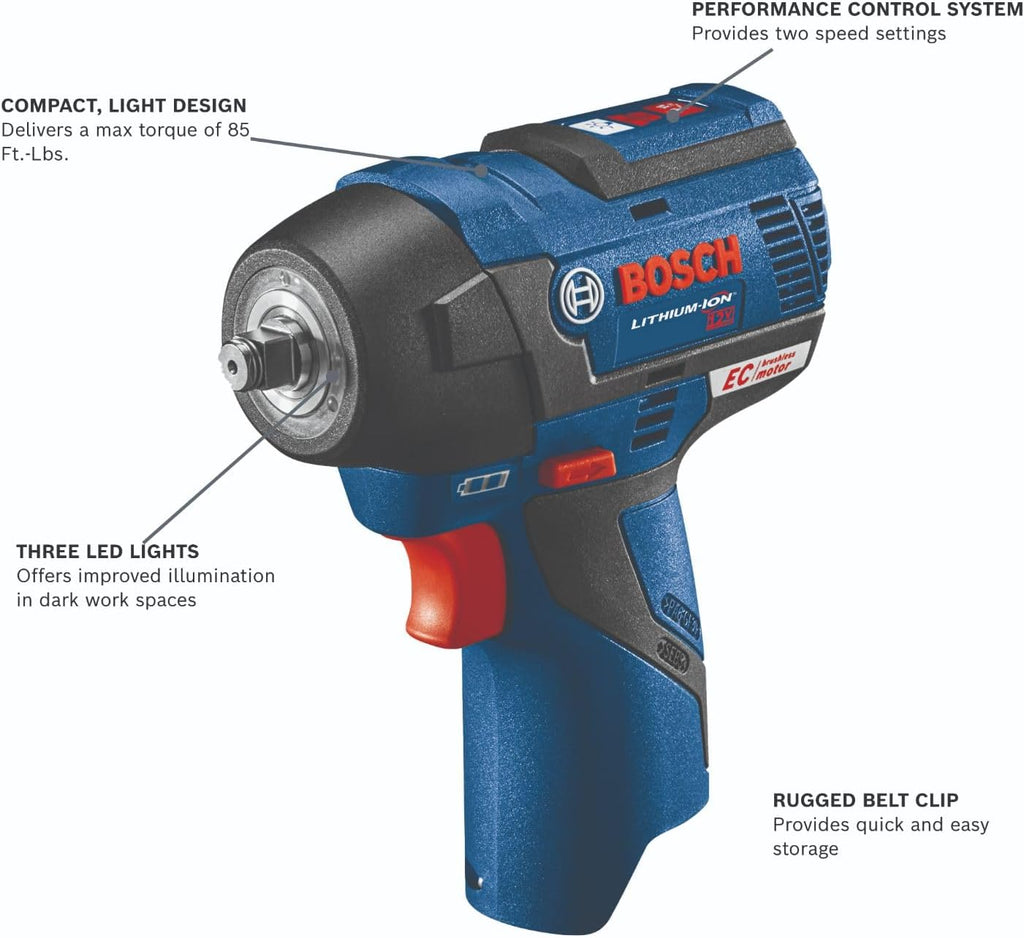 Bosch PS82-02 12V Max EC Brushless 3/8 In. Impact Wrench Kit - Compact, Lightweight, 85 Ft.-Lbs. Max Torque, Two Speed Settings, LED Light Ring, Includes Batteries, Charger, Belt Clip, Carrying Bag