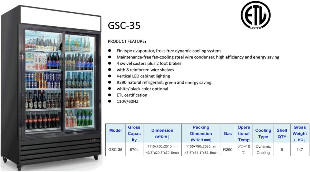 Commercial Refrigerator Glass 2-Door Sliding Door 44 inches width, capacity 34 cuft, Merchandiser Display Cooler Beverage Fridge Drink cooler NSF Certified, 110V, Restaurant Kitchen Cafe GSC-35