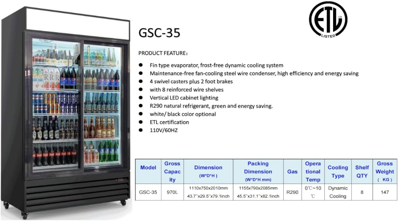 Commercial Refrigerator Glass 2-Door Sliding Door 44 inches width, capacity 34 cuft, Merchandiser Display Cooler Beverage Fridge Drink cooler NSF Certified, 110V, Restaurant Kitchen Cafe GSC-35