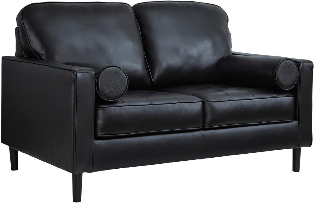 Signature Design by Ashley Bryceview Mid-Century Leather Match Tufted Loveseat with 2 Bolster Pillows, Black